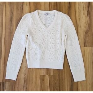 Nanette Lepore Size Medium Pearl Bead  Open Knit V Neck Sweater In Ivory